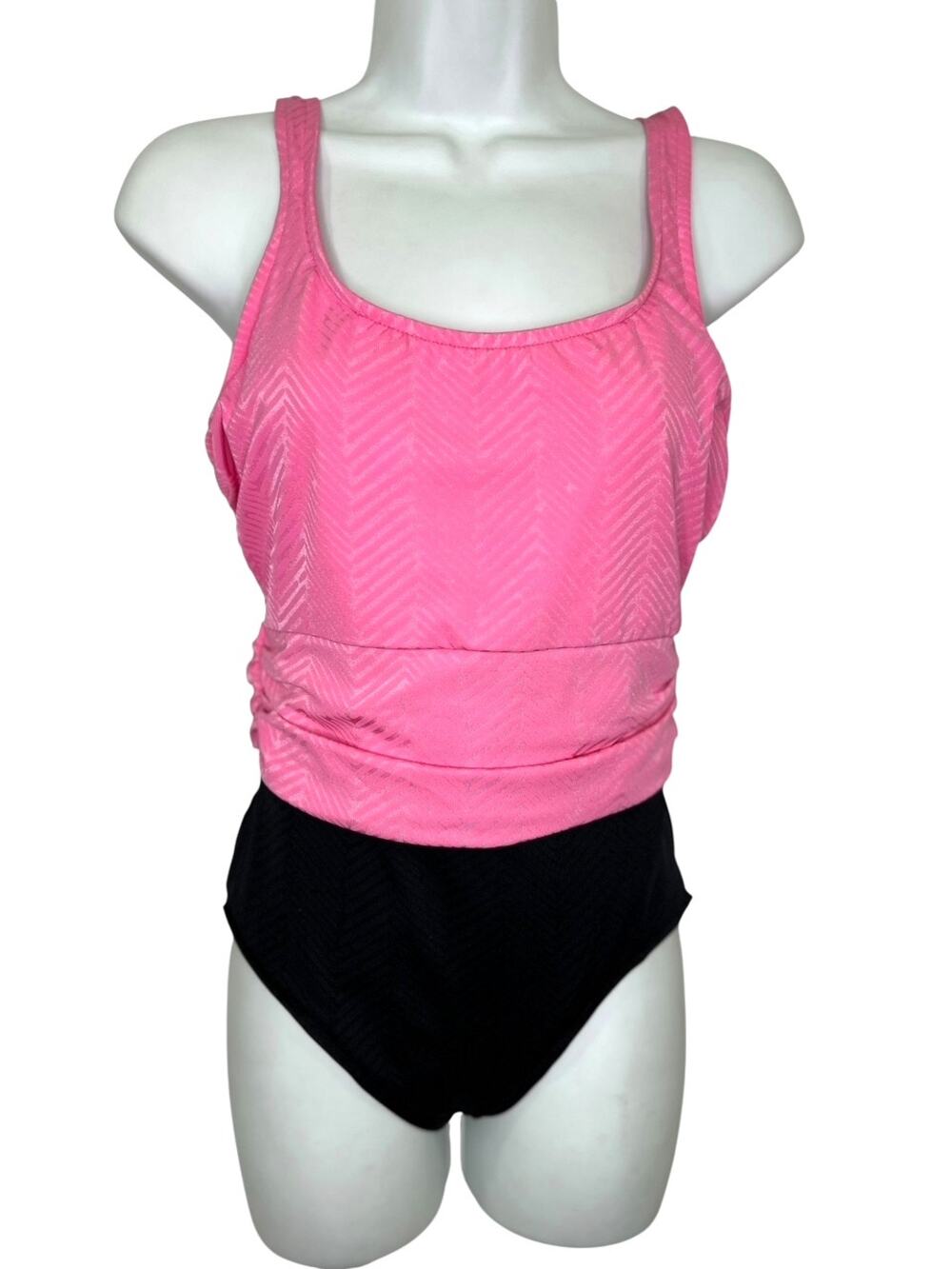 Jantzen VTG Pink Black Chevron Print Ruched Waist One Piece Swim Bathing Suit 12